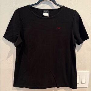 CHANEL Uniform Cotton Short Sleeve Crewneck T Shirt Size Large Red CC Logo